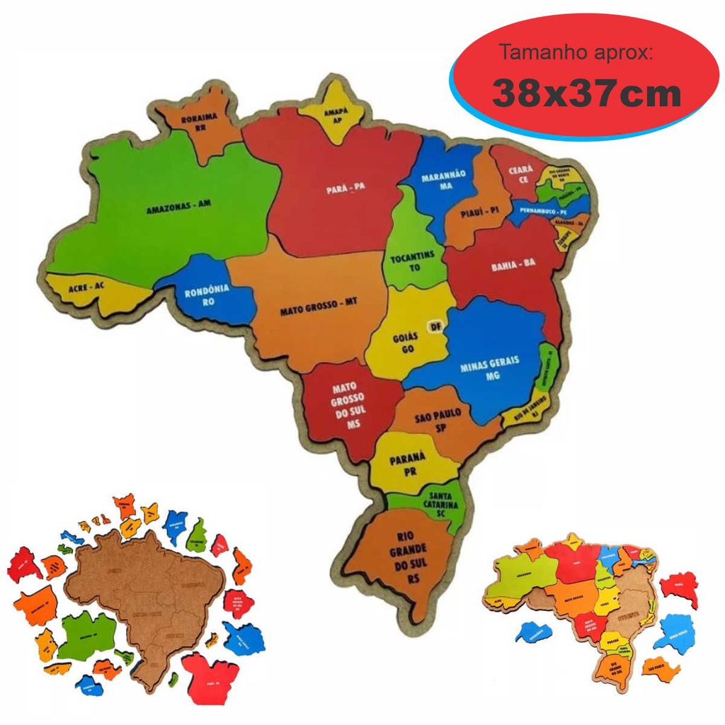 Mapa Brasil Educativo Quebra cabeça Pedagógico medio 38x37cm montessori