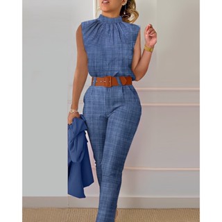 Elegante Moda Impressão Conjunto De Duas Peças Camisa Sem Mangas O-neck Feminino E Calça De Cintura Alta Casual Com Cinto