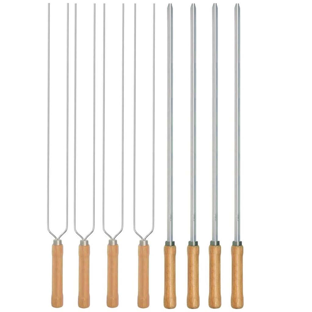 Kit Preparo Churrasco 8pcs Churrasqueira Espetos 55cm Simples e Duplo Cabo Madeira Mor em Oferta na Shopee