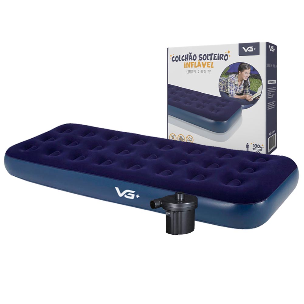 Colchão Solteiro Inflável + Bomba de Ar Elétrica Vg Plus em Oferta na Shopee