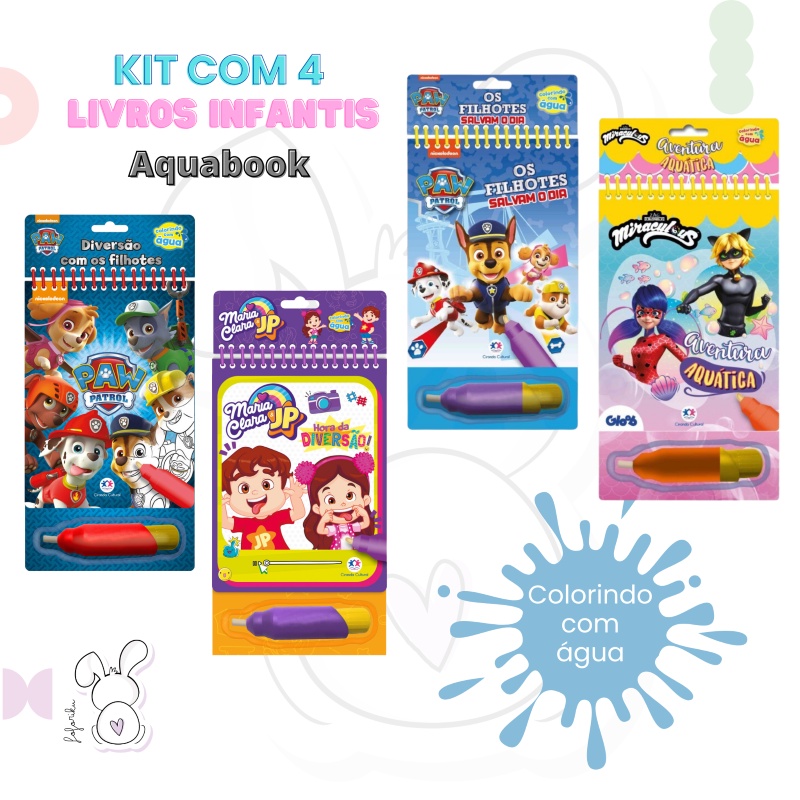 Kit de Livros Aquabook: Patrulha Canina | Maria Clara e JP | Ladybug - Aqua book