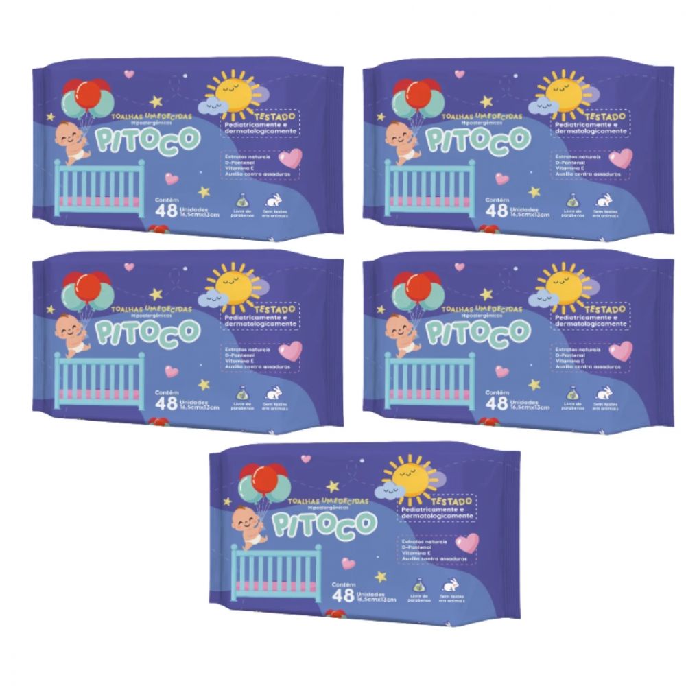 Kit C/ 5 Toalhas Umedecidaslivre de Parabenos Pitoco Hipoalergênicas - 48 Toalhas em Oferta na Shopee