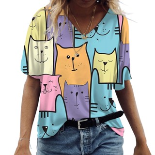 Camisetas De Pescoço Em V Femininas Gatos Bonitos Gráficos Impressos De Manga Curta Summer Kawaii Fashion Tees Streetwear