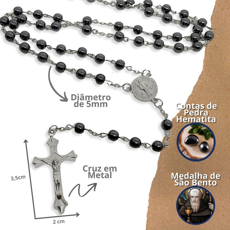Rosário Masculino Terço Colar Pedras Hematita Sao Bento