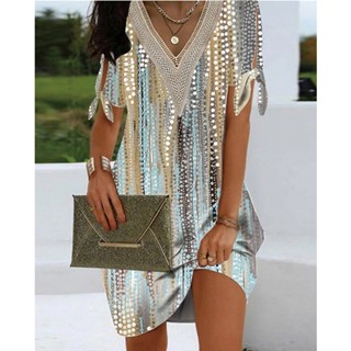 2023 Vestido de Senhora Estilo Verão com Fenda de Punho em v com Renda de Pescoço em v