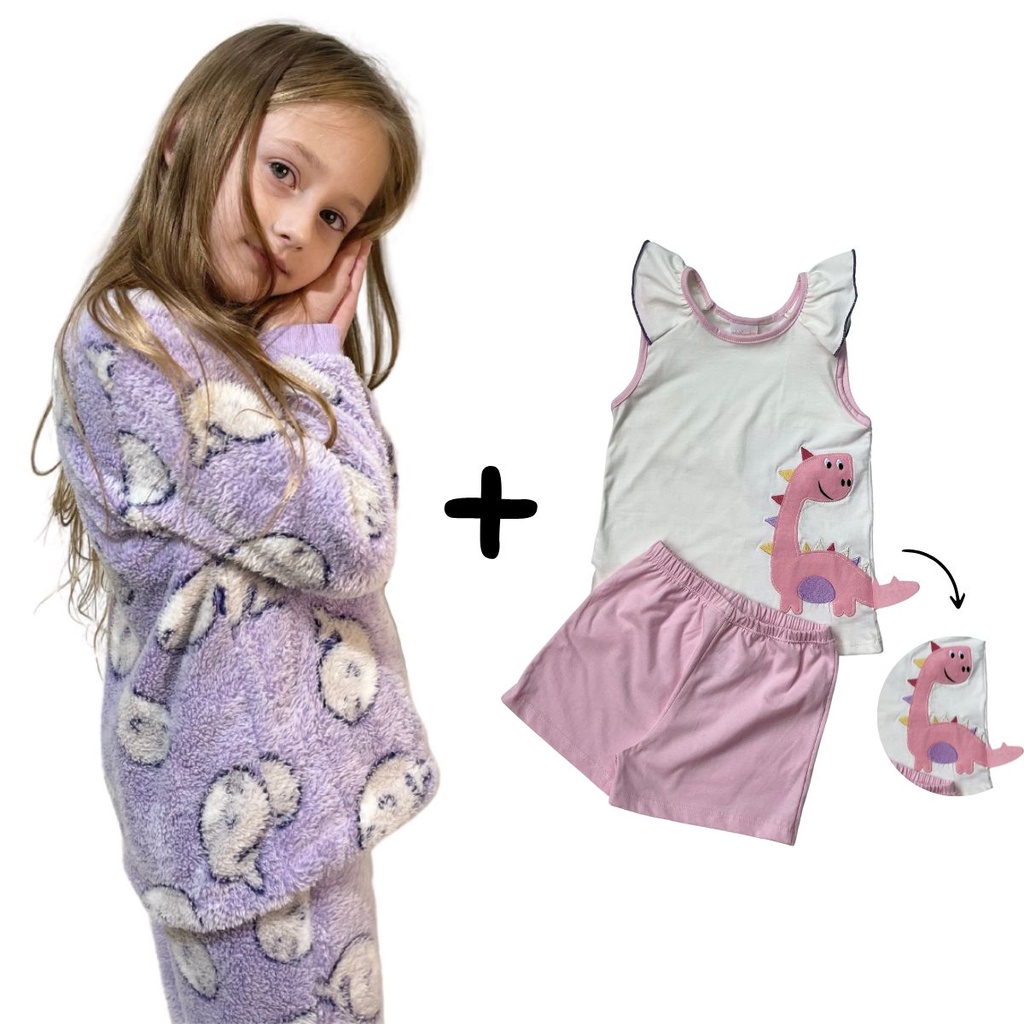 Pijama Infantil Inverno Soft Fleece Menina 1 Conjunto Inverno + 1 Conjunto verão - 4 peças