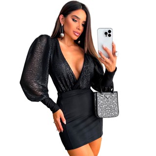 Body Feminino Paete Brilho Tule Manga Longa Bufante Decote Profundo Festa