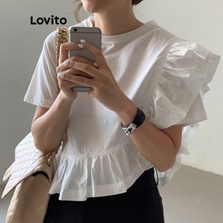 Lovito Casual Blusa Feminina Lisa Assimétrica com Bainha de Babados LNE15049 (Branca)