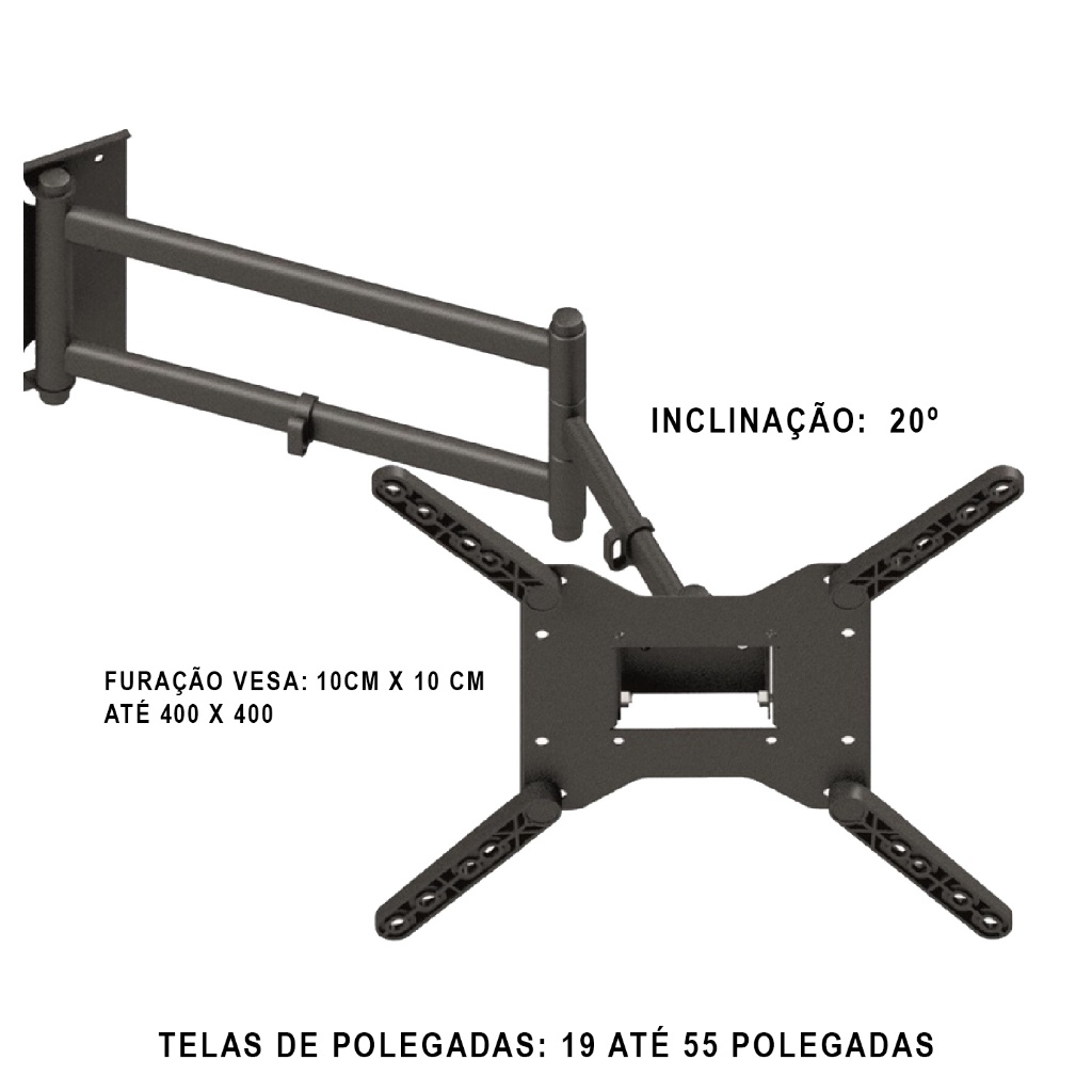 SUPORTE PARA TV/MONITOR TRI ARTITULADO PAREDE MONITORES DE LED OU LDC COM INCLINAÇÃO TELA DE 19 A 55 POLEGADAS