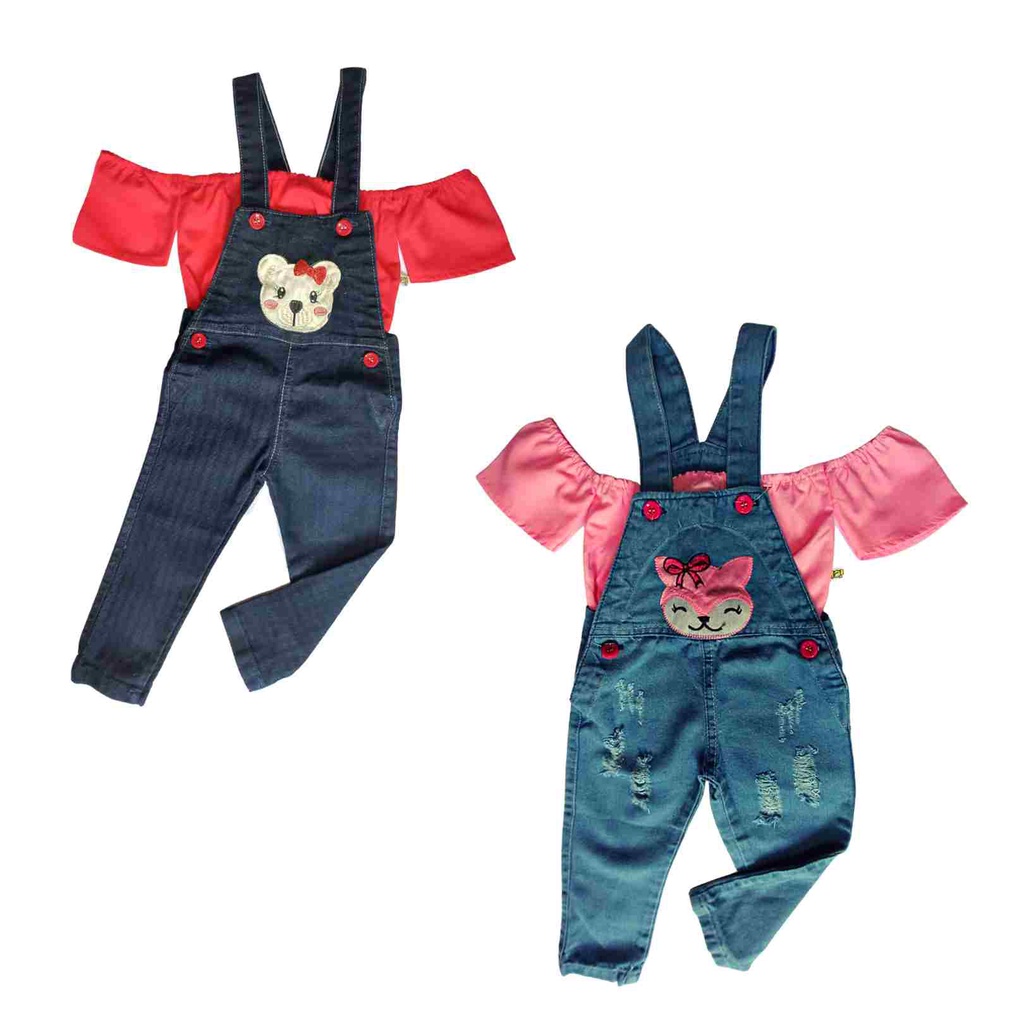 Conjunto Jardineira Infantil Feminina macacão calça jeans premium + blusa ciganinha  Menina