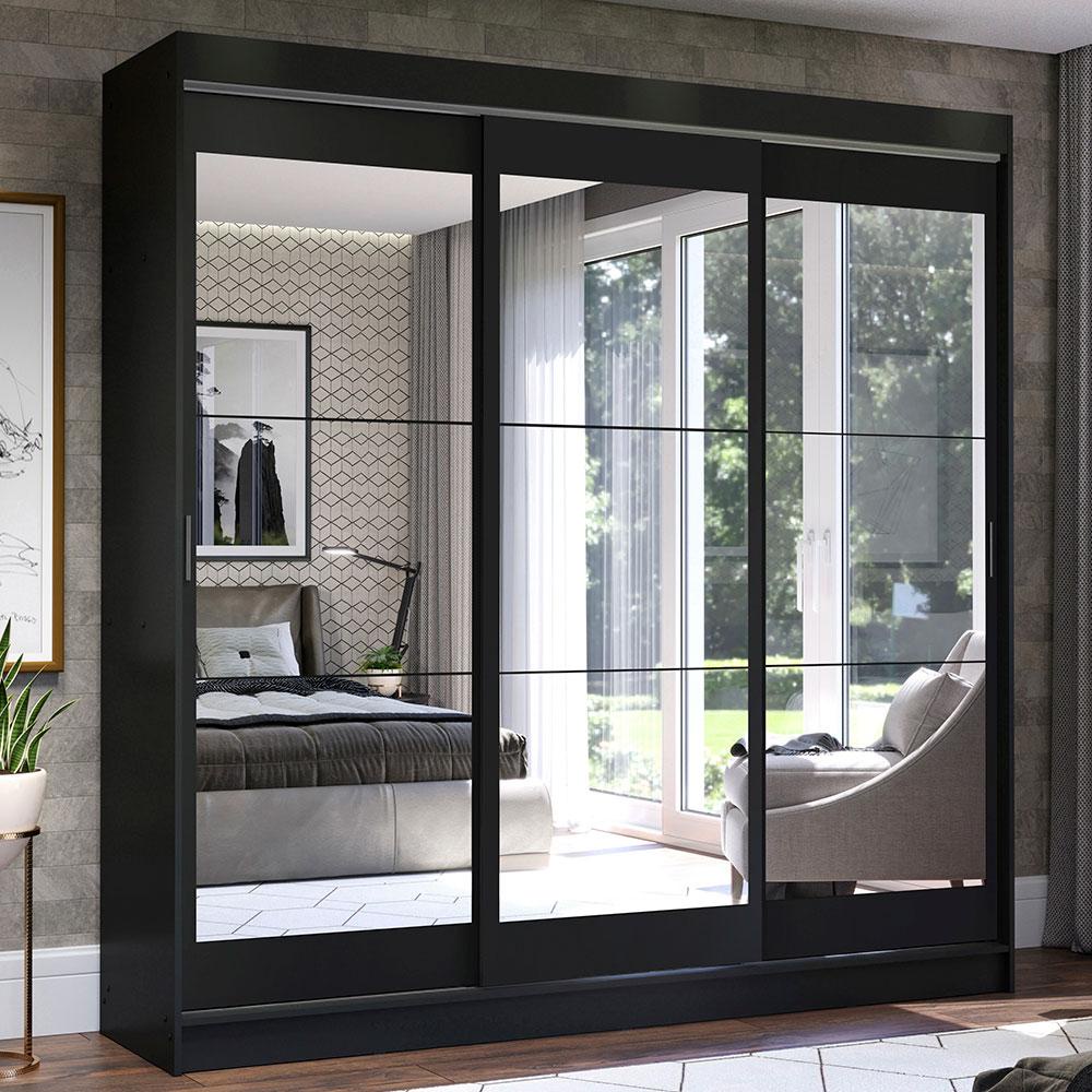 Guarda-Roupa Casal Madesa Istambul 3 Portas de Correr de Espelho 3 Gavetas - Preto - Home & Living