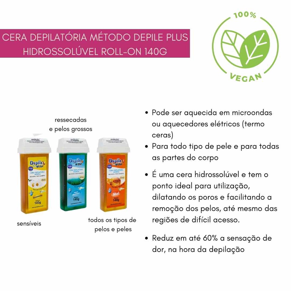 Kit Papel p/ Depilação TNT Depile Plus Gramatura 80 - 22x7cm + Cera Depilatória Roll On Depile Plus Mel