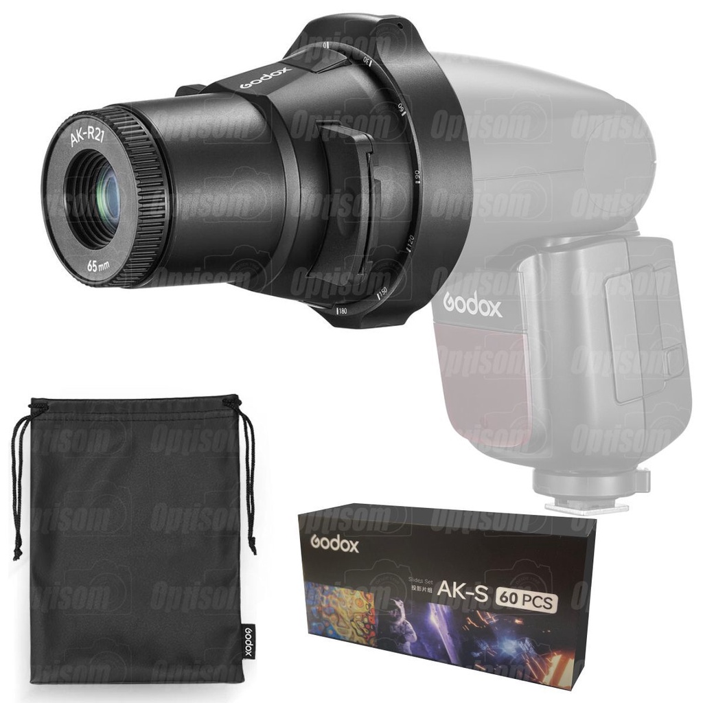 Kit Lente De Projeção Godox Ak-r21 Para Flash V1 Ad100 Ad200 + 60 Laminas De Efeito