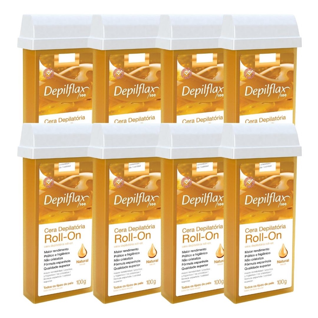 Kit 8 Refil Cera Depilatoria Corporal Profissional Depilação Roll On Depilflax Natural 100g