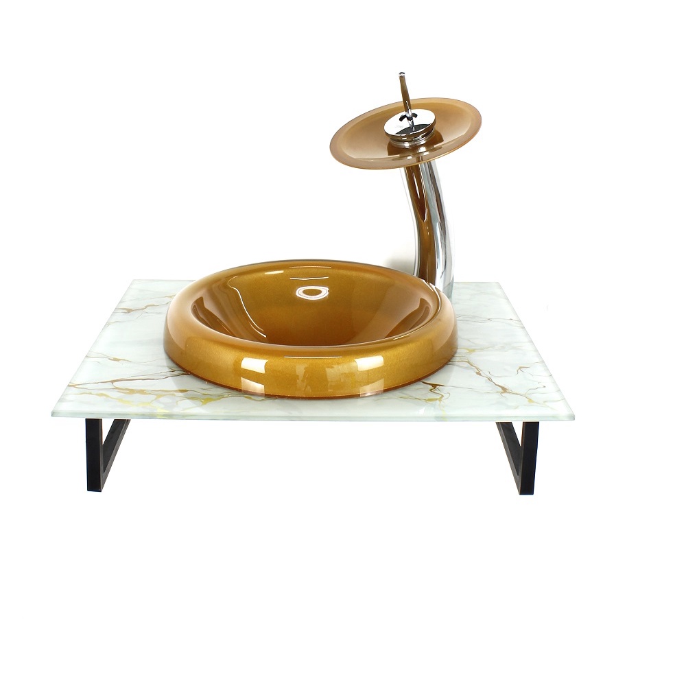 GABINETE DE VIDRO PARA BANHEIRO 50CM COM BANCADA MARMORIZADA MARMORE BRANCO DOURADO MAIS TORNEIRA CASCATA