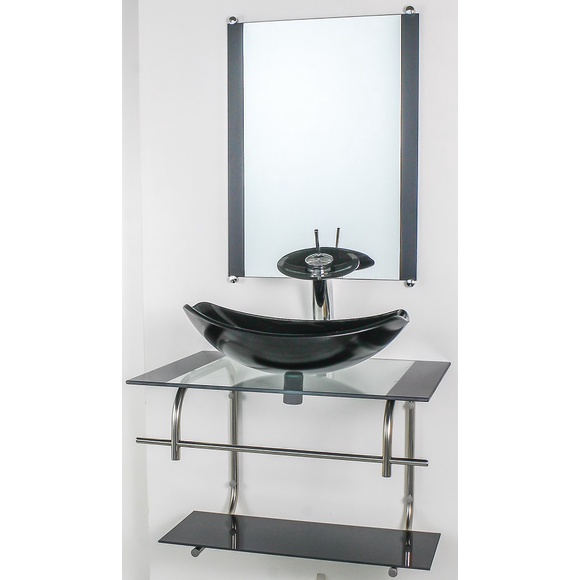 GABINETE DE VIDRO PARA BANHEIRO INOX 60CM CUBA OVAL CHANFRADA PRETO