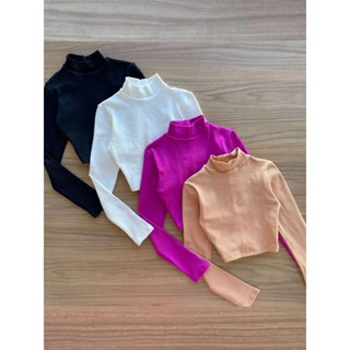 kit 4 Cropped Manga Longa Comprida Canelado Gola Alta PRETO-BRANCO-ROSA-BEGE