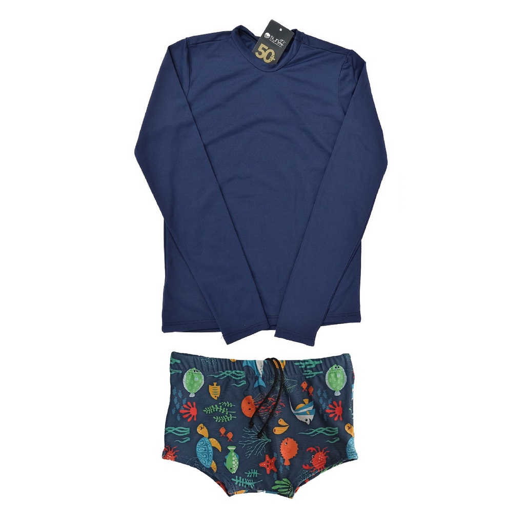 Conjunto proteção UV menino camiseta e sunga boxer marinho 0 a 16 anos