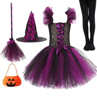 Traje De Halloween Para Meninas Bruxa Cosplay Tutu Vestido De Joelho Com Chapéu Vassoura Crianças Carnaval Vestidos De Fantasia Novo em Oferta na Shopee