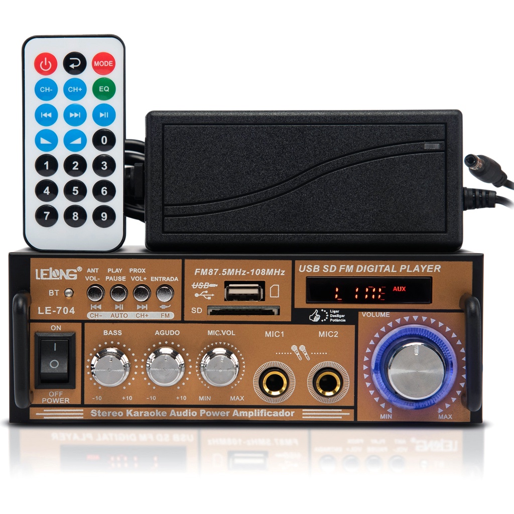 Amplificador Áudio Bluetooth Receiver 200w Rms Com Rádio Fm Usb 2 Entradas Para 2 Microfones Karaokê