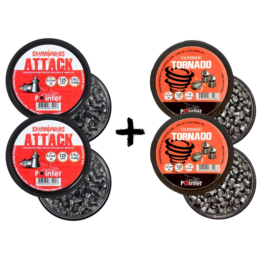 Kit Pointer Attack 5.5mm 250un com Pointer Tornado 5.5mm 250un P/ Rossi Cbc Fixxar Qfk Gamo Hatsan