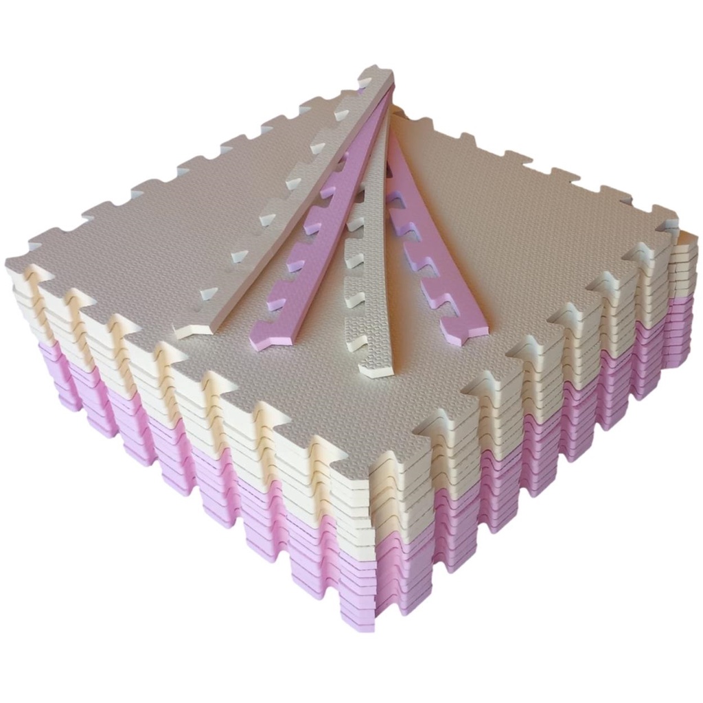 Kit 10 Tatame Tapete EVA Rosa Claro e Creme 50x50x2cm 20mm Bordas Acabamento Infantil Bebê Criança