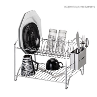 Escorredor de Louça Duplo Cromado Laminado 16 Pratos 05 Copos Porta Talher em Inox em Oferta na Shopee