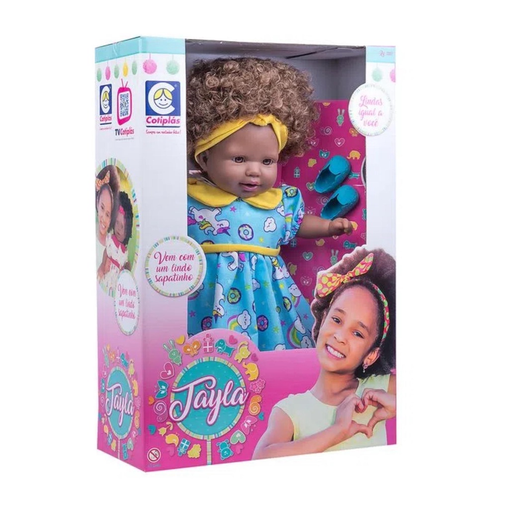 Brinquedo Boneca Tayla em Plástico Vinil com Cabelo Cacheado Castanho com Cheirinho de Bebe 48cm Cotiplas - 2281 em Oferta na Shopee