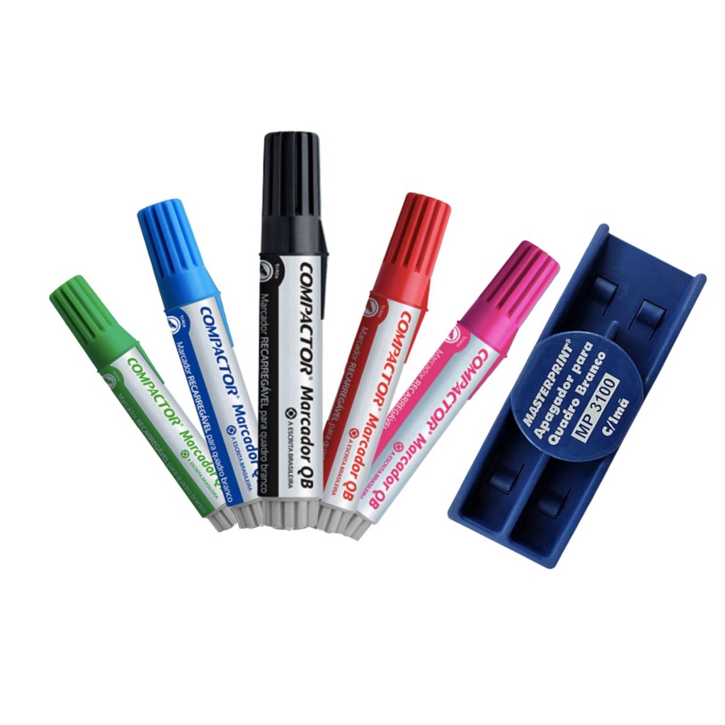 Kit com 5 Marcadores Para Quadro Branco + Apagador - COMPACTOR em Oferta na Shopee