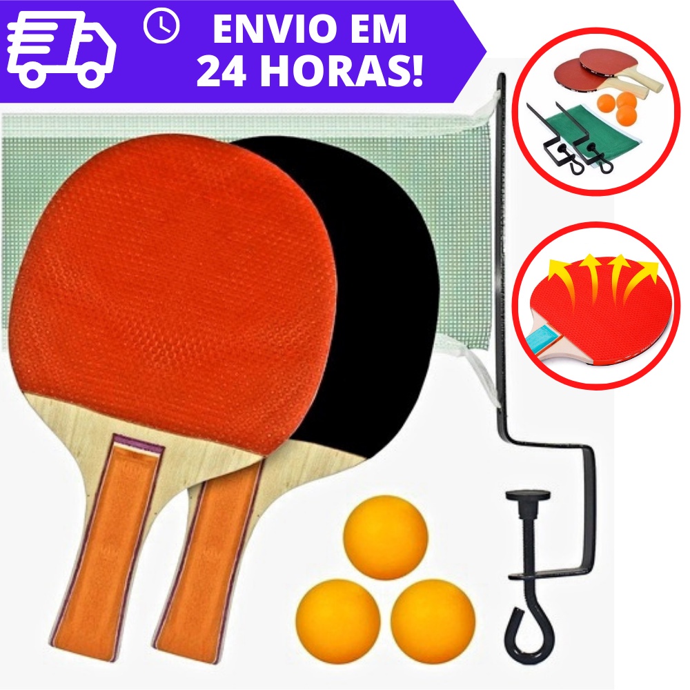 Kit Ping Pong Completo Tênis De Mesa C/ 2 Raquetes Anatômicas, 3 Bolas, 1 Rede E 2 Suportes