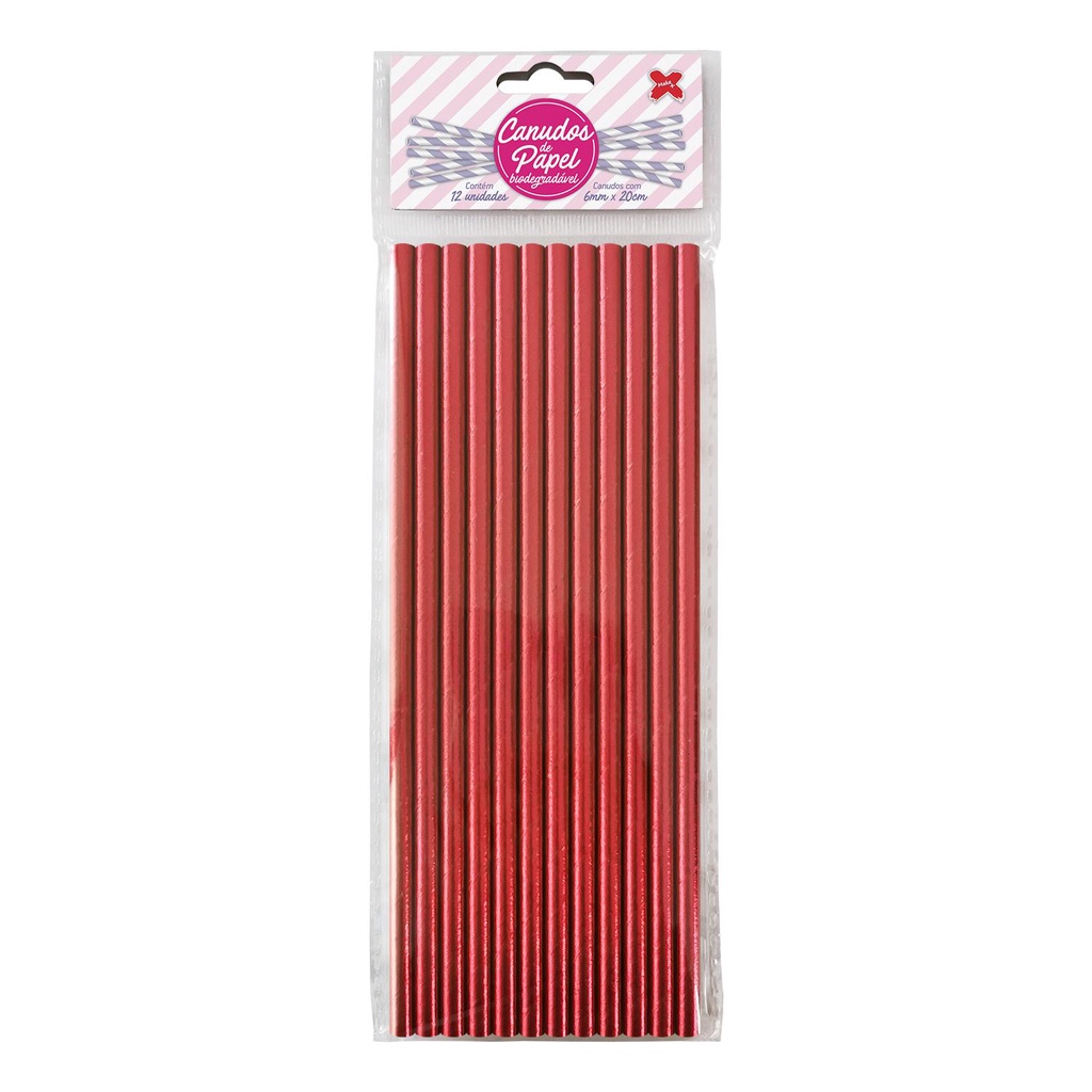 Canudo de Papel Metalizado Vermelho 6mmx200mm - 4367 - 12 unidades