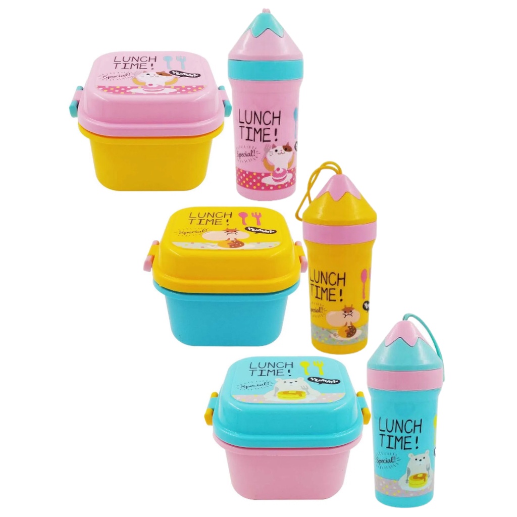 Kit Marmita Infantil Talher Plástico e Garrafa Copo Lápis 350ML Lancheira Escolar Crianças Comida