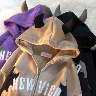 Y2K Diabo Bordado Hoodie Mulheres Casual Retro Solto Manga Longa Com Capuz Moletons Casal Outono Inverno Gótico Zip Up Hoodies