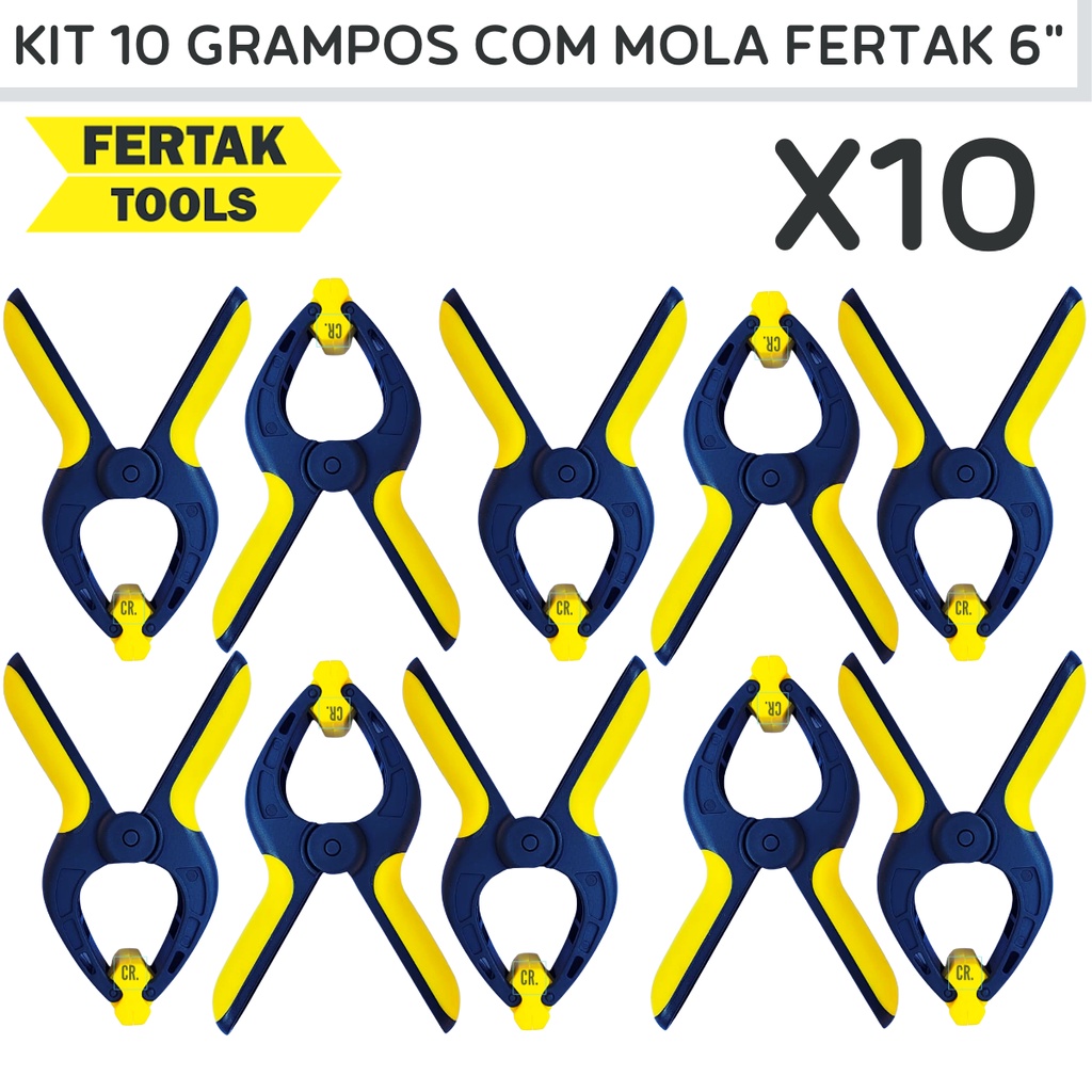 Kit 10 Grampos Com Mola Multiuso Fertak 6" Sargento Grampo Reforçado Para Marceneiro, Serralheiro