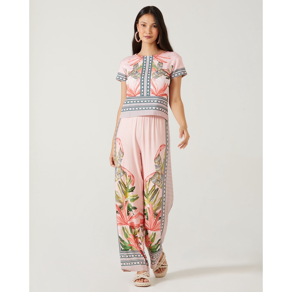 Calça Feminina Wide Leg Folhagem Em Moletinho De Viscose