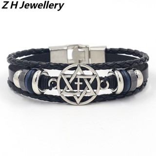 [Z H Jóias] Pulseira Vintage Rock Six Star Genuína De Couro De Moda Masculina E Feminina Aço Inoxidável Com Múltiplas Camadas PU Punk Party Jewelry Accessories