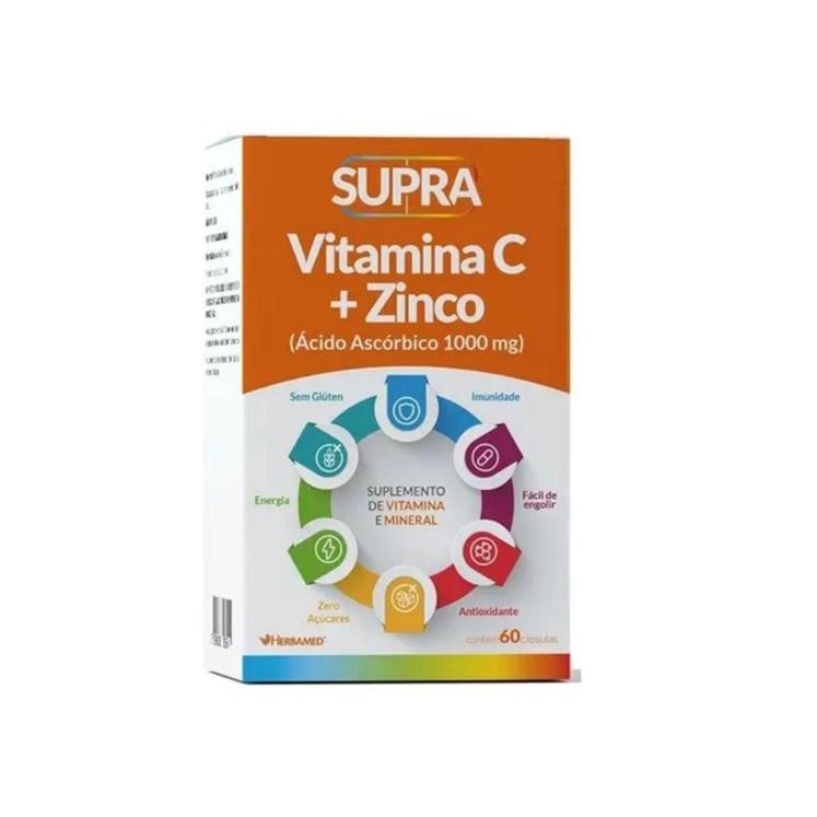 Vitamina C + Zinco 1000mg 60Caps Melhora Imunidade Disposição + Energia Zero Açúcar Supra - Herbamed