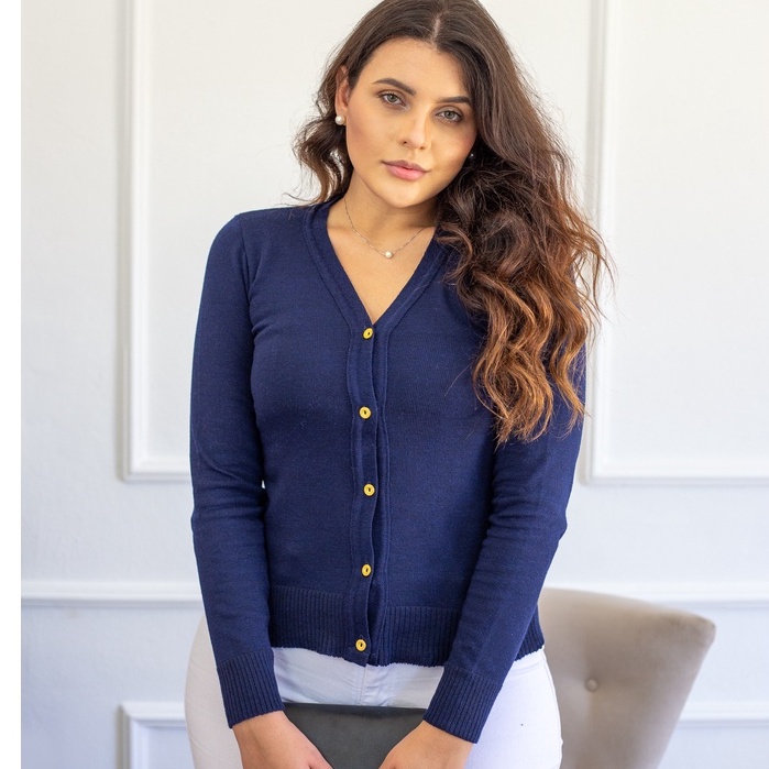 Casaco De Frio Cardigan Básico De Elastano Tricot Botões Casaquinho Inverno