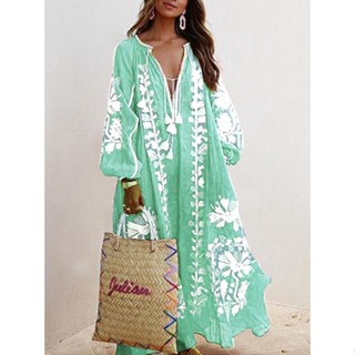 Vestido Feminino Estampado Elegante Grande Balanço Longo Linha A Casual Largo Manga Longa Com Renda