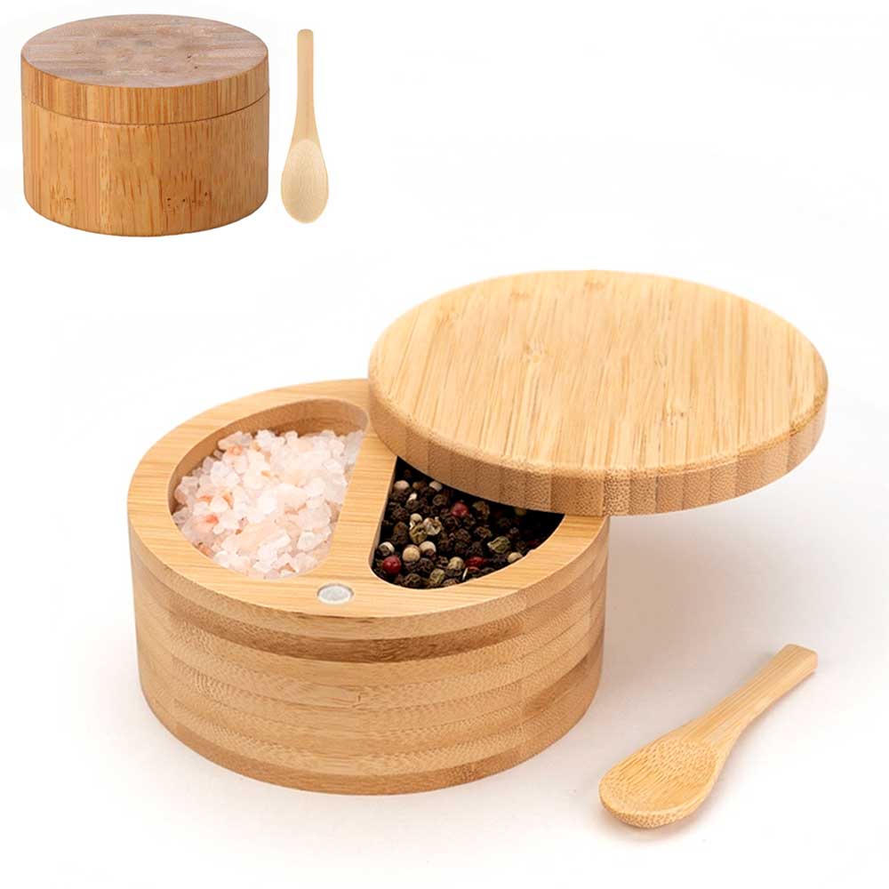 Porta temperos de bambu com colher 2 divisórias tampa giratória fechamento hermético ímã pote armazenar condimentos especiarias sal pimenta açúcar suporte madeira bamboo