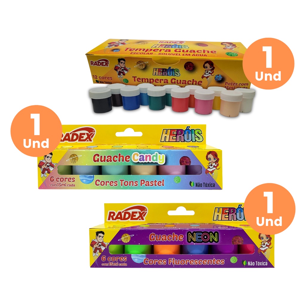 Kit 3 Tintas Tempera Guache Radex Neon Colorido Pastel Pintura Escolar