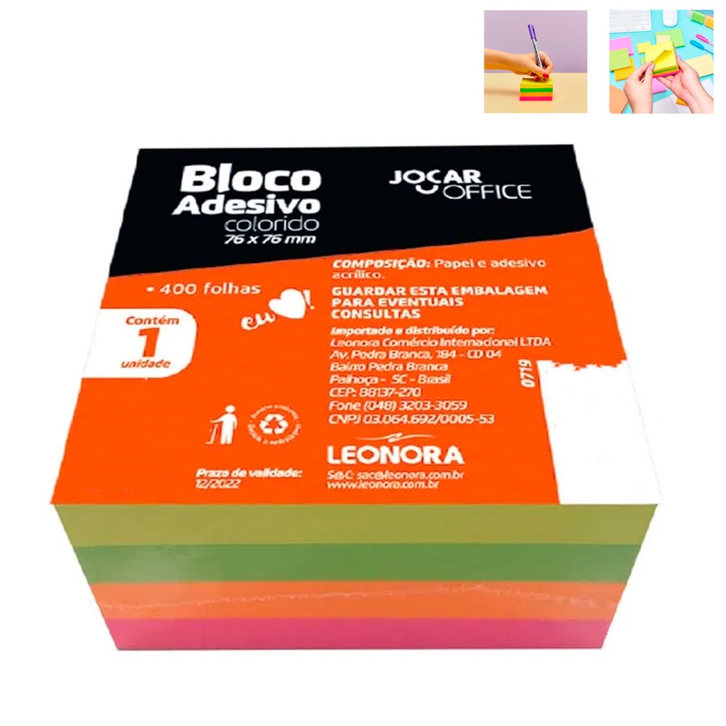 Bloco Adesivo Recado Anotações 76x76mm Neon Com 400 Folhas