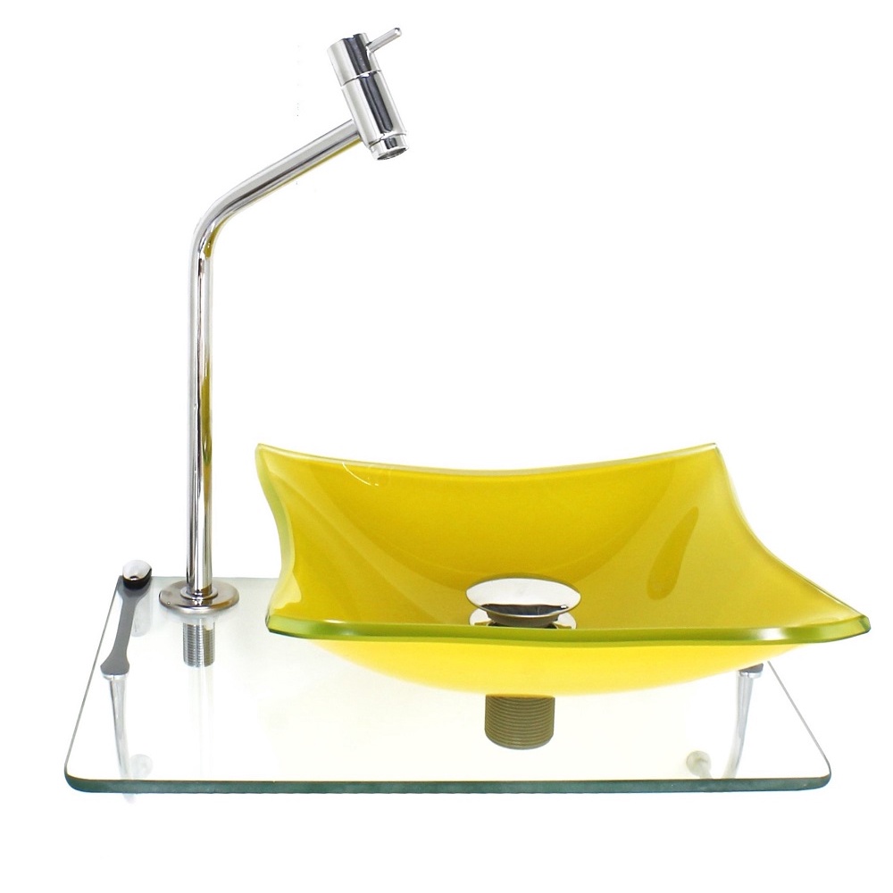 KIT CUBA DE VIDRO QUADRADA 10MM AMARELA COM TAMPO 40CM INCOLOR E SUPORTE CROMADO