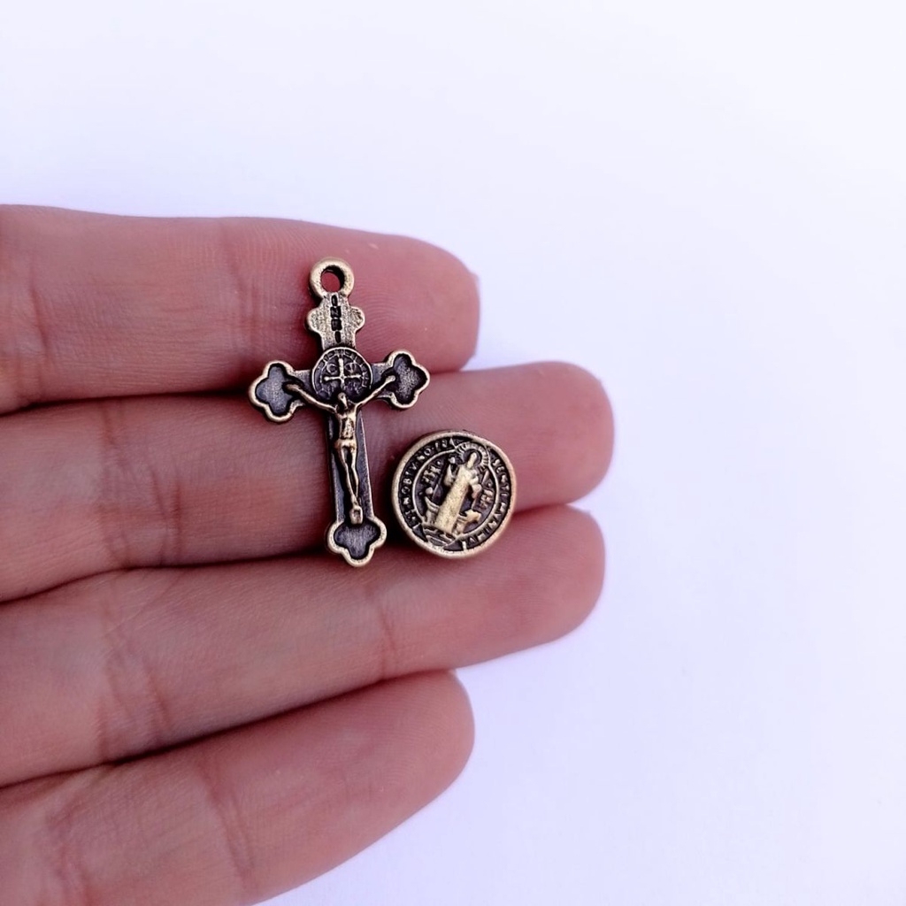 10 Mini Cruz + 10 Passantes São Bento Ouro Velho - Kit para Terços de Pulso São Bento em Oferta na Shopee