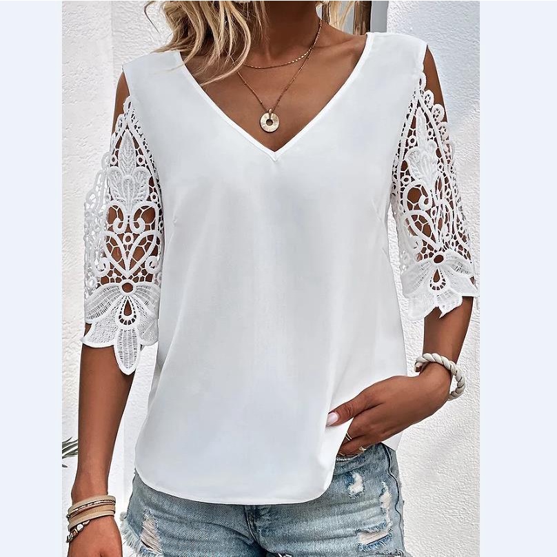 Elegante Verão 2023 Casual Pullover Cor Sólida Camisa De Blusa Feminina Com Decote Em V Oferta De Meia Manga De Ombro Tês De Laço Top