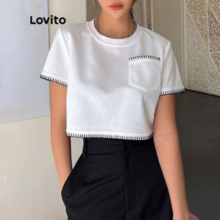 Lovito Casual Camiseta Feminina Lisa Básica com Costura Contrastante e Bolso L52AD023 (Branca)