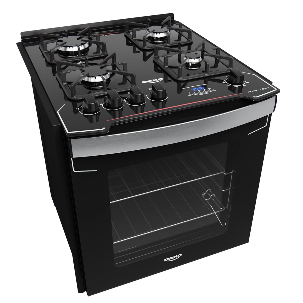 Fogão de Embutir 4 Bocas Preto com Mesa de Vidro e Timer Digital Dako Diplomata Grill Bivolt