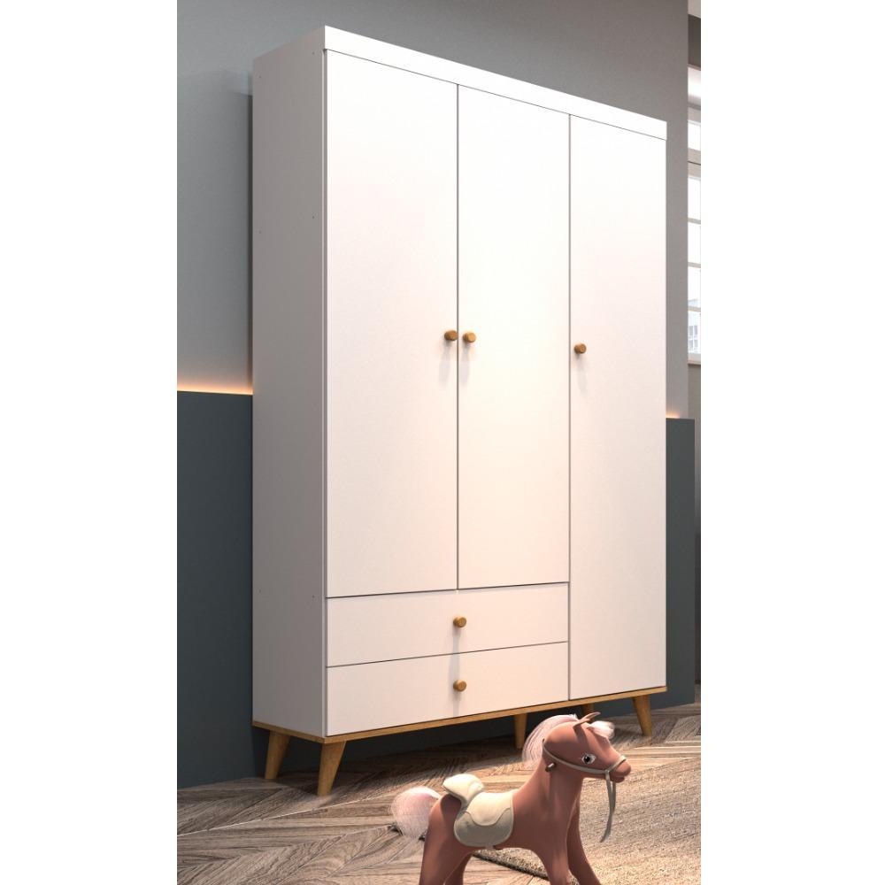 Guarda Roupa Infantil Retrô 3 Portas com Gavetas Lígia Branco Fosco com Bétula Carolina Baby em Oferta na Shopee