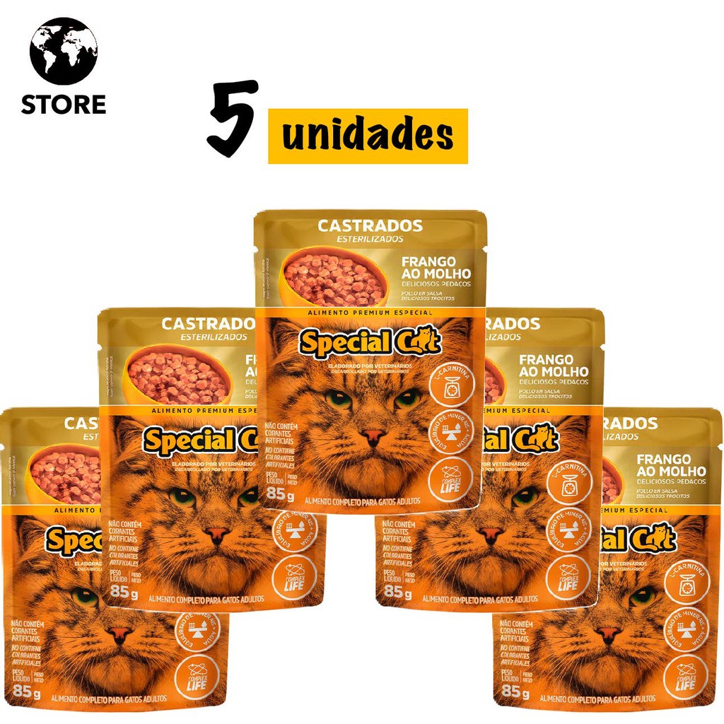 5 Unidades Ração Úmida Special Cat Sachê Frango para Gatos Castrados