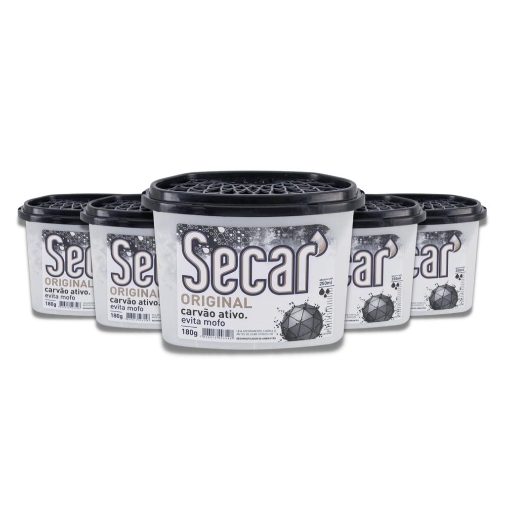 Kit com 5 Anti Mofo Secar Original Carvão Ativo 180g Evita Umidade Fungos Cheiro Guarda Roupas